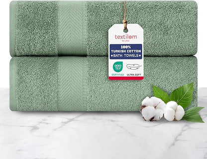 TEXTILOM 100% Turkish Cotton 2 Pcs Bath Towel Set, Luxury Bath Towels for Bathroom, Soft & Absorbent Hotel Quality Bathroom Towels Set (27 x 54 inches)- Green