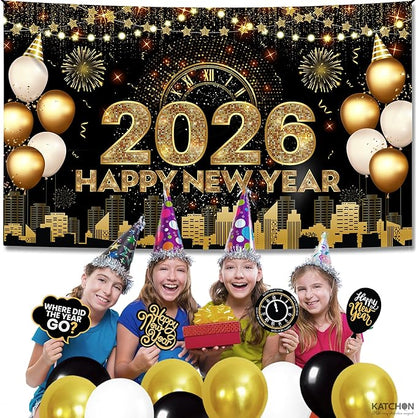 Katchon, Xtralarge Happy New Year Banner - 72x44 Inch | Gold Happy New Year 2026 Banner for New Years Decorations 2026 | NYE Backdrop for New Years Eve Party Supplies 2026 | NYE Decorations 2026