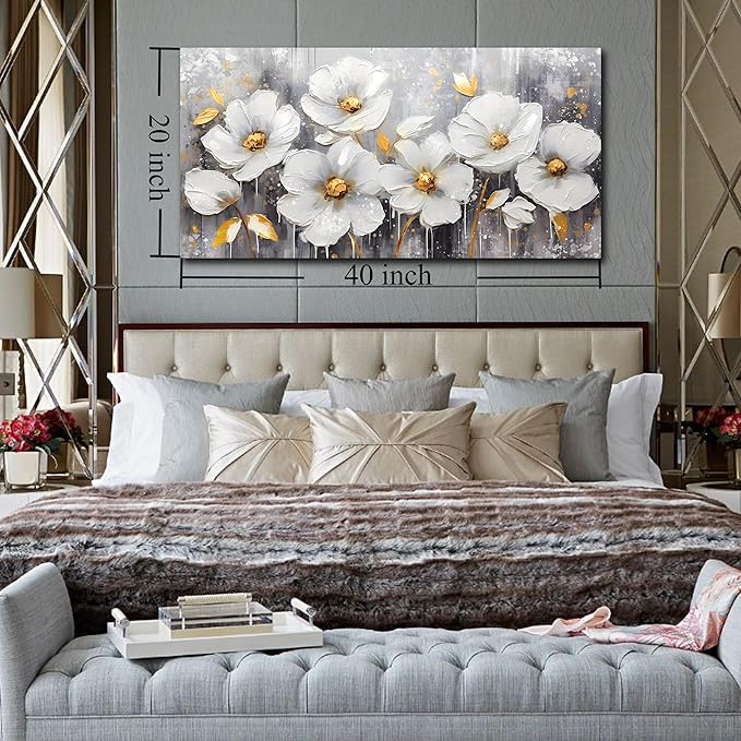CIRABKY Flower Wall Art for Bedroom - White Wall Decor - Gold Wall Art for Living Room Office Artwork Canvas Pictures Size 20" x 40"