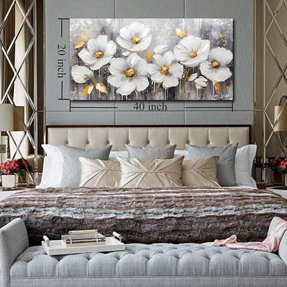 CIRABKY Flower Wall Art for Bedroom - White Wall Decor - Gold Wall Art for Living Room Office Artwork Canvas Pictures Size 20" x 40"
