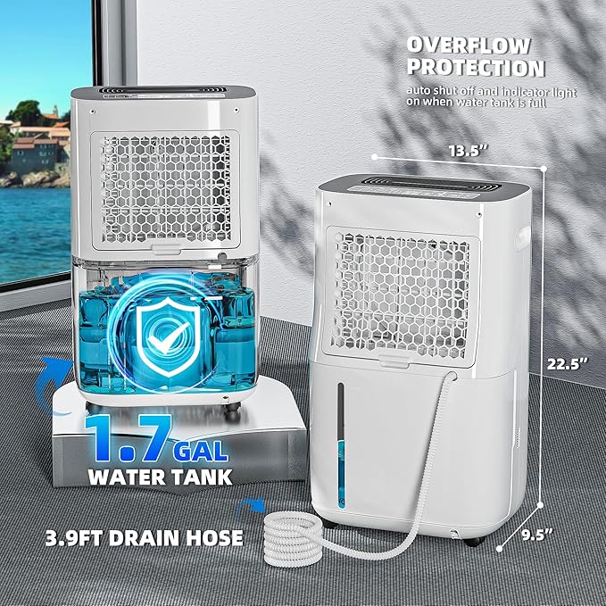 5,000 Sq.Ft 80 Pint Dehumidifer for Basements and Home-with Drain Hose,1.7Gallon Water Tank.Intelligent HumidityControl.Dual Protection and 4 Modes,for Large room