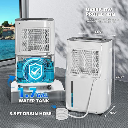 5,000 Sq.Ft 75 Pint Dehumidifer for Basements and Home-with Drain Hose,1.7Gallon Water Tank.Intelligent HumidityControl.Dual Protection and 4 Modes,for Large room