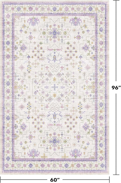 Light Purple Rug for Girls Bedroom, 5x8 Washable Floral Area Rug for Nursery Kids Room, Living Room, Lavender Dorm Decor, Non Slip Low Pile Pastel Foldable Carpet