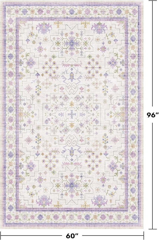 Light Purple Rug for Girls Bedroom, 5x8 Washable Floral Area Rug for Nursery Kids Room, Living Room, Lavender Dorm Decor, Non Slip Low Pile Pastel Foldable Carpet