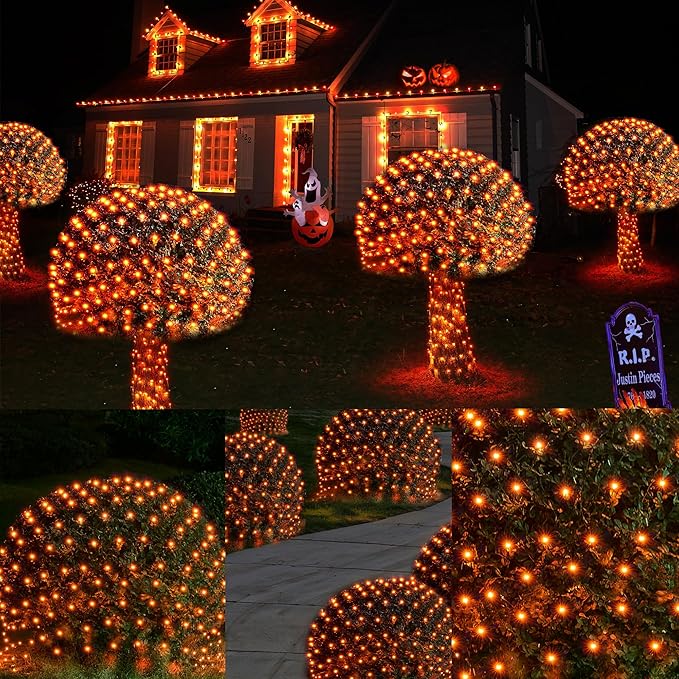 WBao Halloween Lights Outdoor 200LED 8.4ft x 5.2ft Orange Net Lights with 8 Modes, Timer, UL Certified, Connectable, Waterproof & Dark Green Wire for Lawn, Bushes, Trees, Outdoor Halloween Decorations