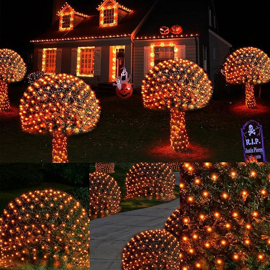 WBao Halloween Lights Outdoor 360LED 11.5ft x 6.9ft Halloween Net Lights with 8 Modes, Timer, Connectable, Waterproof & Dark Green Wire for Lawn, Bushes, Shrubs Outdoor Holiday Decorations, Orange