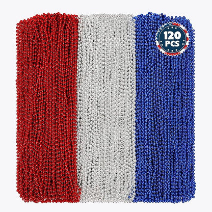 120 PCS 4th of July Necklace, 33" Red Silver Blue Metallic Beaded Necklaces, Independence Day Party Accessories Patriotic Bead Necklace for Memorial Day Fourth of July Parades Party Supplies