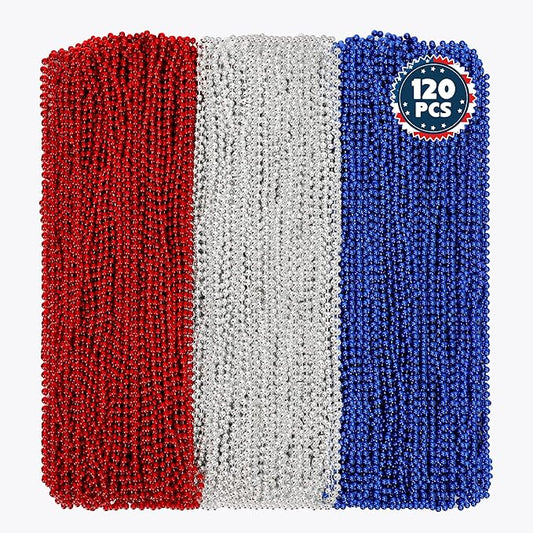 120 PCS 4th of July Necklace, 33" Red Silver Blue Metallic Beaded Necklaces, Independence Day Party Accessories Patriotic Bead Necklace for Memorial Day Fourth of July Parades Party Supplies