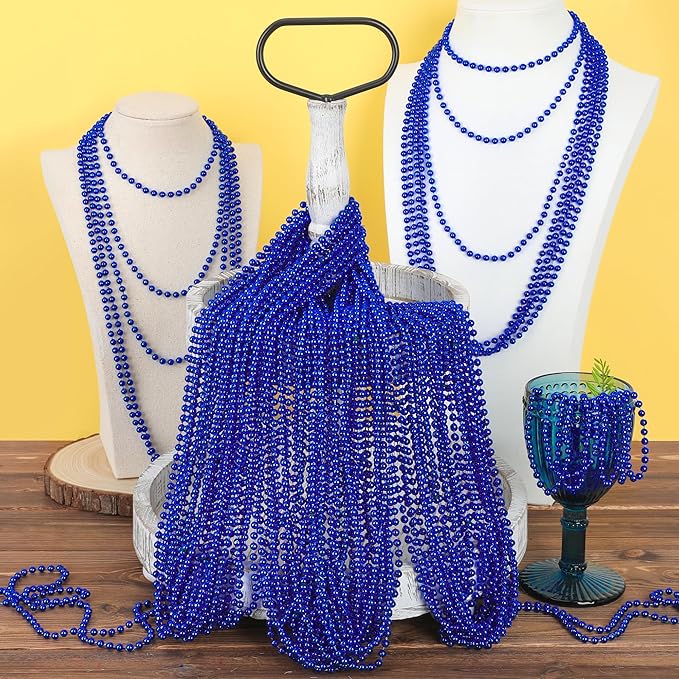 240PCS Beads Necklace, Blue Beaded Necklaces Accessories, 33" Mardi Gras 4th of July Necklace Costume Bulk, Parade Throw Party Accessories for Patriotic Wedding Birthday Events Supplies Decorations