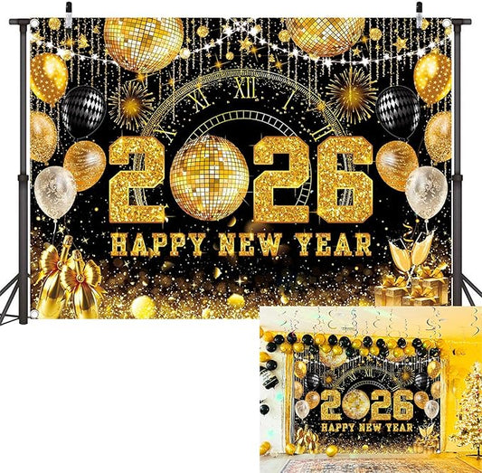 Happy New Year 2026 Black Gold Backdrop 2026 New Year Eve Countdown Photo Background Cheer to 2026 Party Decoration Banner Photo Supplies (Gold, 94x70inch(8x6FT))