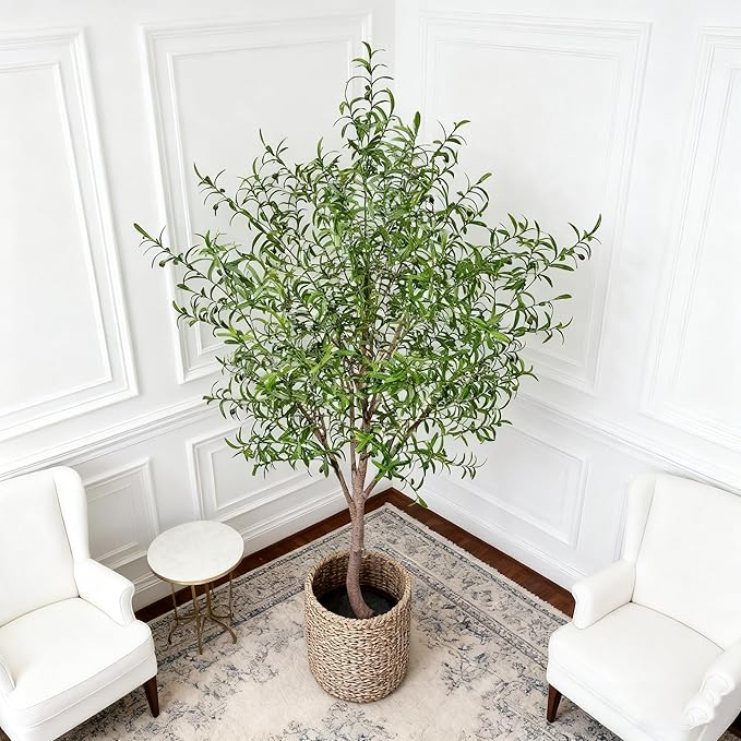 Fake Tree Faux Olive Tree Artificial Olive Trees Artificial Indoor Realistic Potted Silk Indoor Large Fruit for Home Offices, Living Rooms, Bedrooms, Stairs and Foyer Decor (8 Ft Leaf Type)