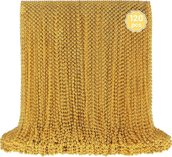 YAXINRUI 120 PCS Gold Mardi Gras Beads, Gold Bead Necklaces, Christmas Necklace, 33 Inch Round Beaded Necklace for Mardi Gras Party Christmas New Year Eve Festive Events, Party Favors