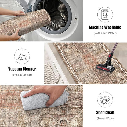 Vintage 2'6'' x 8' Washable Area Rug - Stylish Indoor Rug for Living, Dining or Bedroom - Lightweight Carpet with Non-Slip Backing - Foldable for Easy Placement and Maintenance - Ivory