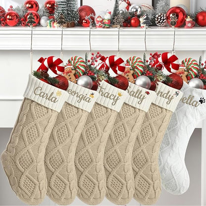 Personalized Christmas Stockings,Custom Embroidered Name+Logo Xmas Knitted Stockings 18'',Holiday and Family Stocking for Fireplace Christmas Holiday Party Decoration 1-6Pack（Flax White）