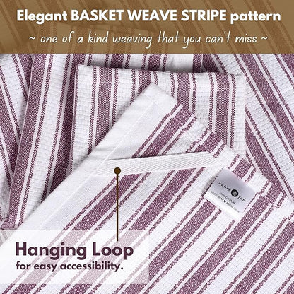 Native Fab Cotton Kitchen Towels - 16x26 inches - Set of 4 - Basket Weave Stripe Dish Towels for Cleaning, Drying Dishes, Absorbent Dish Cloths Set with Hanging Loop - Burgundy Maroon