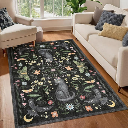 GarveeHome 3x5 Cat Washable Area Rug for Entryway, Mushroom Floral Black Bedroom Rug Non Slip Low Pile Butterfly Carpet Stain Resistant Throw Rug for Kitchen Dorm Kids Room Office Dining Room