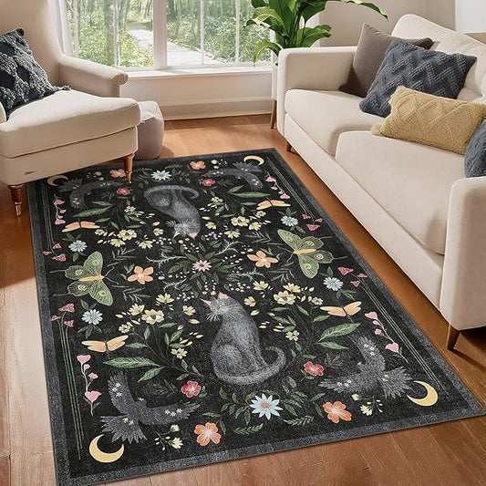 GarveeHome 3x5 Cat Washable Area Rug for Entryway, Mushroom Floral Black Bedroom Rug Non Slip Low Pile Butterfly Carpet Stain Resistant Throw Rug for Kitchen Dorm Kids Room Office Dining Room