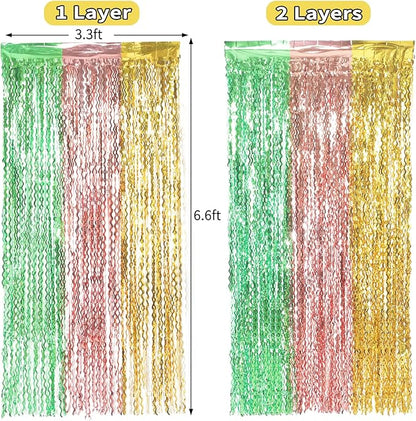 3 Pack Gold Green and Rose Gold Foil Curtain Party Decorations - 3.3x6.6fr Tinsel Streamers for Hawaiian Summer Tropical Beach Luau Themed Party Photo Booth Props Backdrop