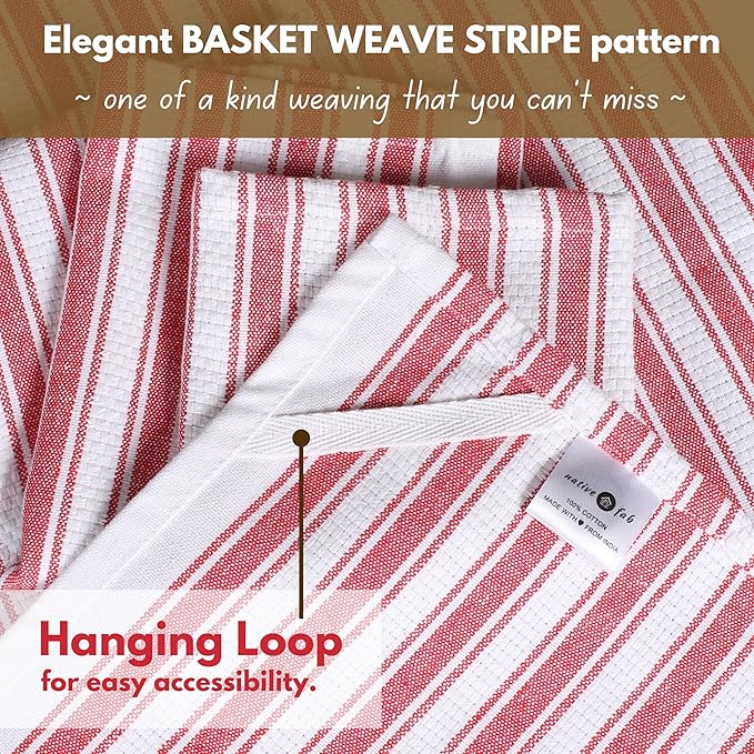 Native Fab 100% Cotton Red Kitchen Towels - 16x26 inches - Set of 4 - Basket Weave Stripe Dish Towels for Cleaning, Drying Dishes, Absorbent Dish Cloths Set with Hanging Loop - Red White