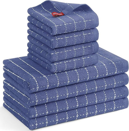Mordimy 100% Cotton Terrycloth Kitchen Towels and Dishcloths Sets, Soft and Absorbent Checkered Dish Towels, Quick Drying Dish Rags for Washing Dishes, 4 Pack 16" x 26" & 4 Pack 12" x 12", Navy Blue