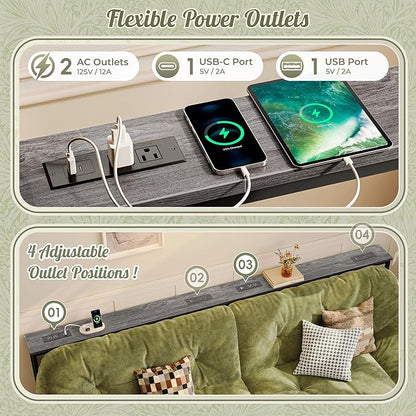 Huuger 102.4 Inch Sofa Table with Power Outlets, 23.9’’-34.4’’ Height Adjustable Range, Behind Couch Table with USB-C Ports, Sofa Tables Narrow Long, Skinny Console Table, for Small Spaces, Grey