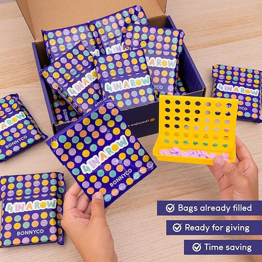 BONNYCO 4 in a Row Pack of 16 Birthday Party Favors for Kids Age 5-12. Classroom Prizes for Students, Bulk Gifts, Mini Travel Board Games and Toys, Goodie Bags and Pinata Stuffers