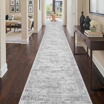 3x14 Washable Runner Rug for Hallway, Non-Slip Long Hallway Runner for Entryway, Soft Vintage Kitchen Mats for Floor, Abstract Dining Room, Bedroom, Living Room Rugs(3'x14', Grey/Ivory)