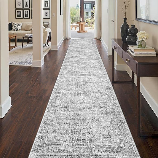 3x14 Washable Runner Rug for Hallway, Non-Slip Long Hallway Runner for Entryway, Soft Vintage Kitchen Mats for Floor, Abstract Dining Room, Bedroom, Living Room Rugs(3'x14', Grey/Ivory)