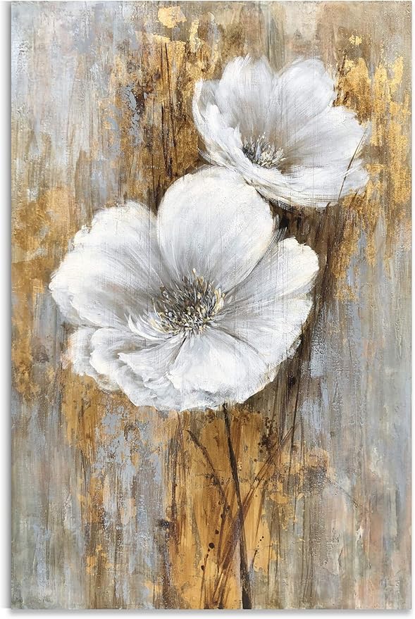 Yihui Arts White Floral Wall Pictures Vertical Lily Bouquet Flower Oil Painting Artwork for Living Room Bedroom Hallway Decor