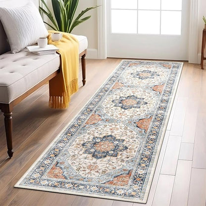 vivorug Boho Runner Rug 2x10 Machine Washable Rug with Non-Slip Backing, Ideal for Kitchen Hallway Entryway Laundry Room - Vintage, Durable, Easy Clean, Low Pile Carpet Runner Orange/Navy