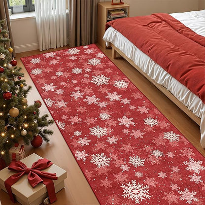 3x8 Runner Rug Non Slip for Hallway, Washable Christmas Rugs for Living Room, Ultra-Thin Snowflake Bathroom Rug Runner, Soft Red and White Christmas Decor Indoor(3'x8', Red/White)