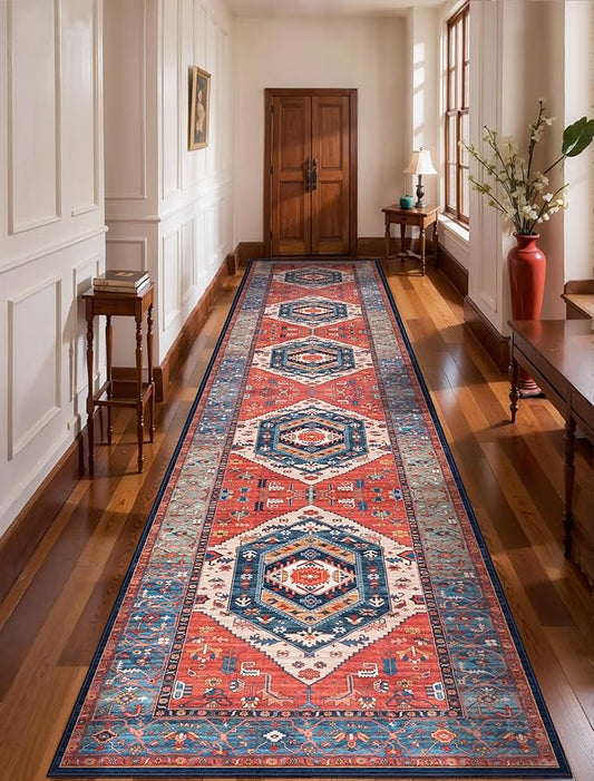 SERISSA Runner Rug for Hallways, 3x14 Washable Non Slip Kitchen Runner Rug, Extra Long Boho Rug Ultra Soft Vintage Rust Print Floor Carpet for Bedroom Hallway Entryway Bathroom Laundry Room