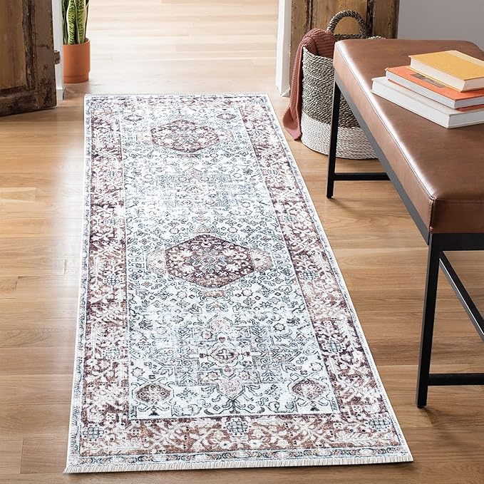 Bloom Rugs Caria Washable Non-Slip 10 ft Runner - Beige/Brown Traditional Runner for Entryway, Hallway, Bathroom, and Kitchen - Exact Size: 2'6" x 10'