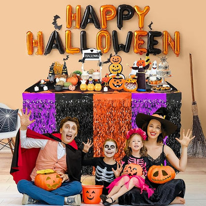Halloween Party Decorations, 2 Pack Orange Purple Black Wavy Metallic Tinsel Foil Fringe Table Skirts, Perfect Rectangle or Round Table Decor for Halloween Birthday Home Indoor Outdoor Party Supplies