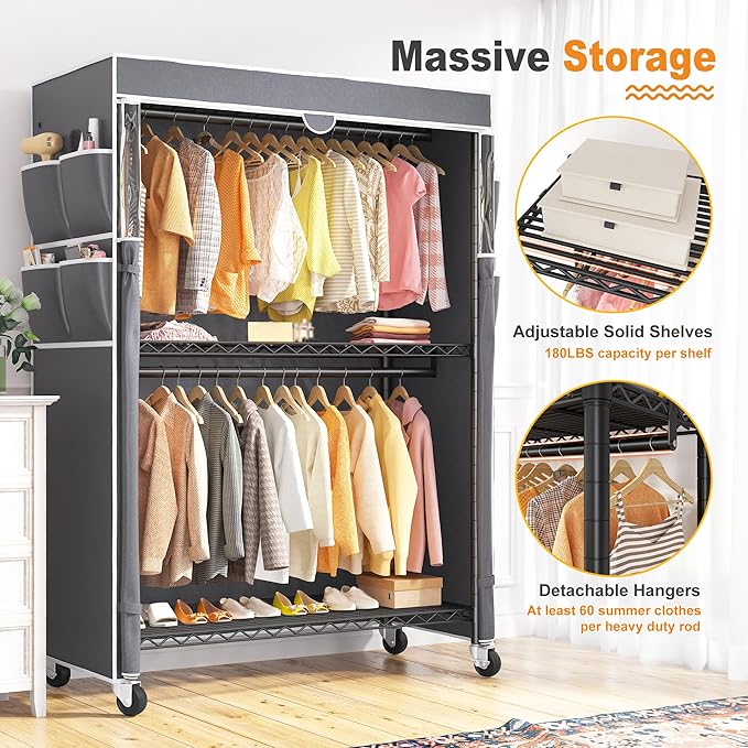 Raybee Clothes Rack with Cover, 81" H Clothing Racks for Hanging Clothes, Portable Closet with Wheels and Adjustable Feets for Bedroom, Laundry Room, Max Load 440LBS, Black