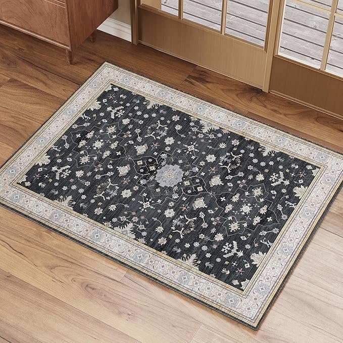 2x3 Entryway Rug, Black Small Boho Washable Rug, Soft Modern Non-Slip Area Rug, Low Pile Carpet for Entryway Kitchen Bathroom Front Doormat Indoor Entrance Throw Rugs, Black/Gold