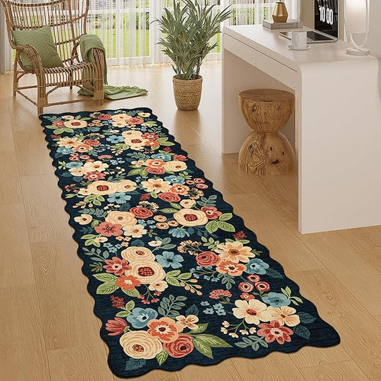 DUKINO 2x6 Runner Rug for Hallway, Washable Kitchen Rug with Non Slip Backing & Non-Shediing, Soft Low Pile Floral Design Runner for Bedroom, Kithchen, Living Room, Laundry, Bathroom, Navy Blue