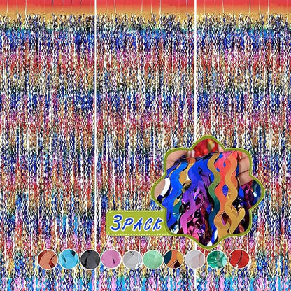 3 Pack Colorful Foil Fringe Curtain Backdrop - 6.6 x 3.3 ft Wavy Rainbow Tinsel Backdrop Curtain Metallic Streamers Iridescent Holiday Photo Booth Party Decorations
