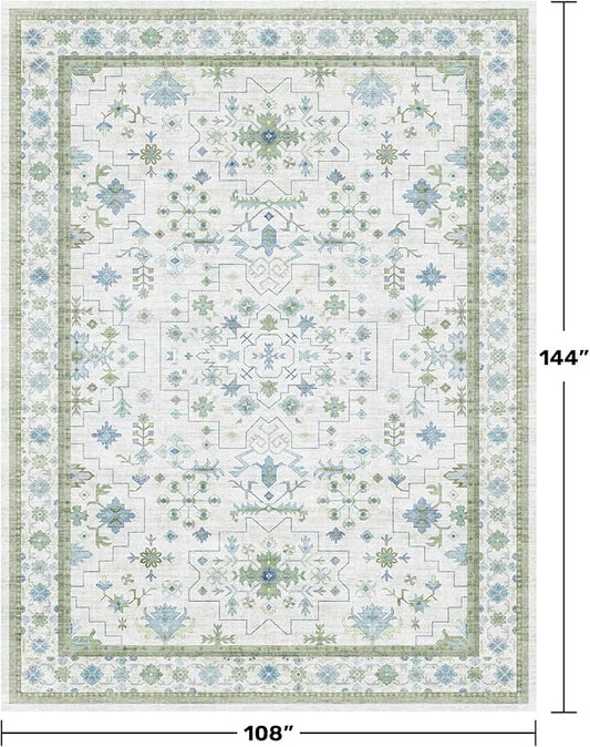 Green Area Rugs 9x12 Living Room - Washable Oriental Geometric, Extra Large for Bedroom Non Slip Soft Faux Wool Carpet for Dining Room Playroom, Lounge - Blue and Green Floral Rug