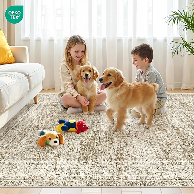 8x10 Area Rugs for Living Room, Non-Slip Backing Large Washable Rug for Nursery Room, Vintage Abstract Bedroom Rugs, Thin Indoor Home Decor Soft Farmhouse Rug (8'x10', Brown/Ivory