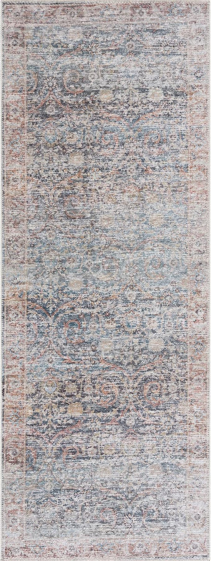 Bloom Rugs Caria Washable Non-Slip 12 ft Runner - Ocean Blue/Brick Traditional Runner for Entryway, Hallway, Bathroom, and Kitchen - Exact Size: 2'6" x 12'