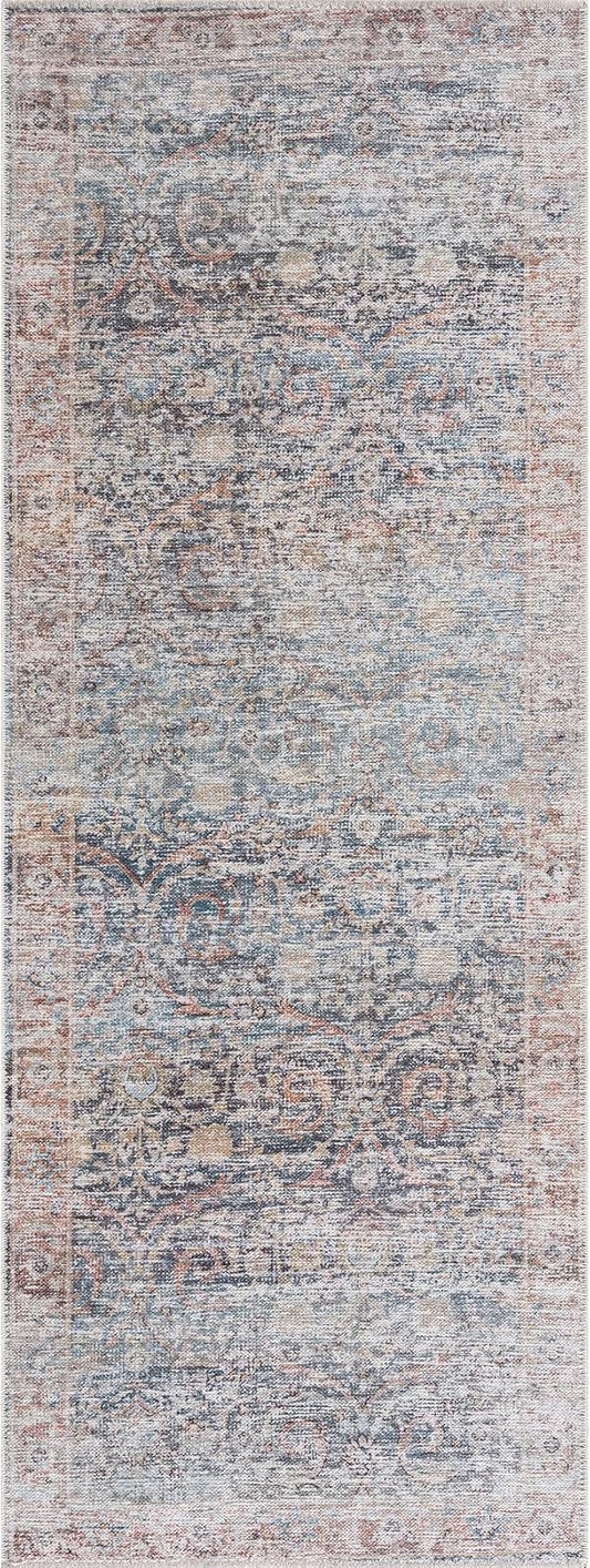 Bloom Rugs Caria Washable Non-Slip 12 ft Runner - Ocean Blue/Brick Traditional Runner for Entryway, Hallway, Bathroom, and Kitchen - Exact Size: 2'6" x 12'