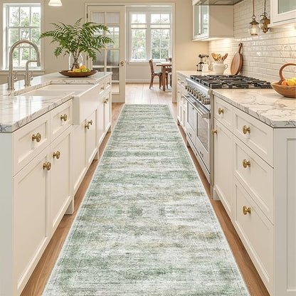 Long Hallway Runner Rug- Carpet Runners for Hallway 12ft, Anti Slip Backing Washable Rug Runner for Entrance, Living Room, Soft Low Pile Mordern Rug Runner(2'x12', Green/Yellow/Ivory)