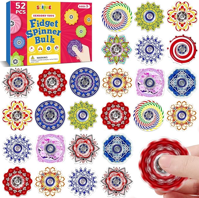 SCIONE 52 Pcs Fidget Spinner for Kids Bulk, Valentine's Day Gifts for Kids Classroom, Mini Sensory Fidget Toys for Goodie Bag Stuffers, ADHD Autism Stress Relief Toys, Party Favors Classroom Prizes