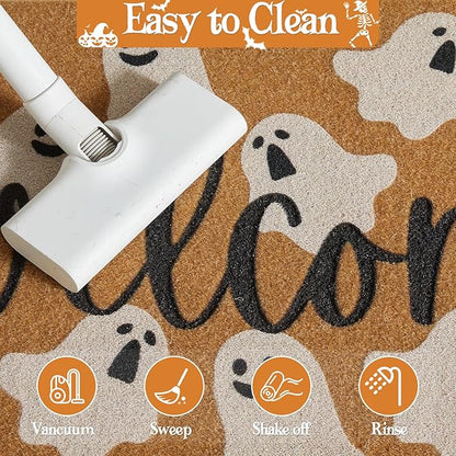 Halloween Door Mat Spooky Ghost Welcome Mat for Front Door Outdoor Entrance Doormat Coir Dirt Trapper with Non Slip Backing, 24x36, Welcome Ghost