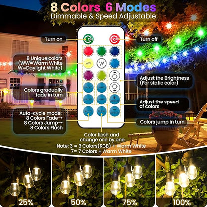 50FT RGB Solar Outdoor String Lights with Remote, Dimmable Waterproof Patio Lights with 15 LED Shatterproof Edison Bulbs for Backyard-Black