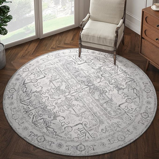 jinchan Round Rug 5ft Vintage Machine Washable Area Rug Kitchen Indoor Circle 5' Ultra-Thin Non-Slip Floral Print Carpet for Farmhouse Entryway Dining Room Living Room Bedroom Office (5'Round,Grey)