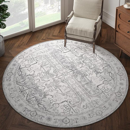 jinchan Round Rug 6ft Vintage Machine Washable Area Rug Kitchen Indoor Circle 6' Ultra-Thin Non-Slip Floral Print Carpet for Farmhouse Entryway Dining Room Living Room Bedroom Office (6'Round,Grey)