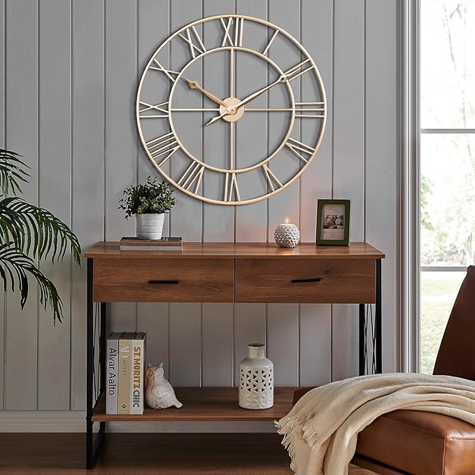 CLXEAST 30 Inch Wall Clock,Large Champagne Gold Metal Roman Numeral Wall Clock, Modern Wall Clocks for Living Room Decor,House Warming Gifts New Home