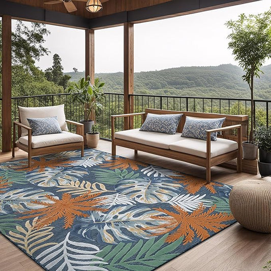 Floral Indoor Outdoor Rugs 9x12 Large Area Rug for Living Room, Patio Decor, Kitchen, and Entryway Rug, Washable Stain Resistant Outside Carpet Midnight 9 x 12